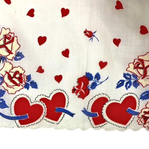 Valentine Red Roses Hearts Handkerchief Hand Painted Cut Out Vintage Love - Picture 3 of 3
